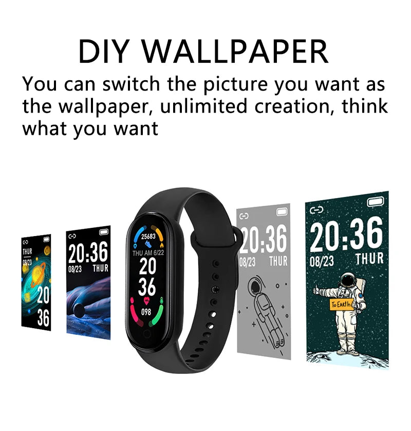 Smartwatch with customizable wallpaper options on a white background