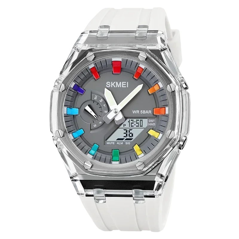 SKMEI men’s analog-digital watch with transparent case, white silicone strap, and colorful dial markers