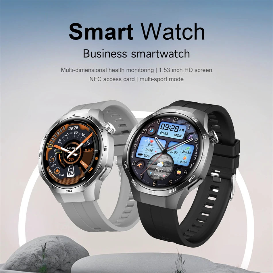 Two smartwatches, one silver and one black, on a light gray background with text about smartwatch features.