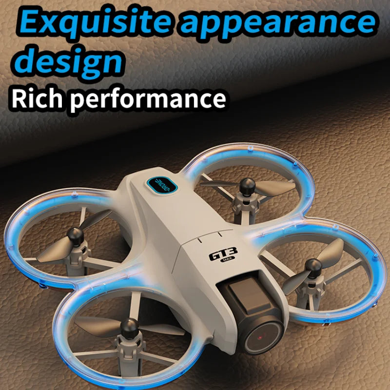 Drone with glowing blue rings on a textured surface, text 'Exquisite appearance design' and 'Rich performance'.