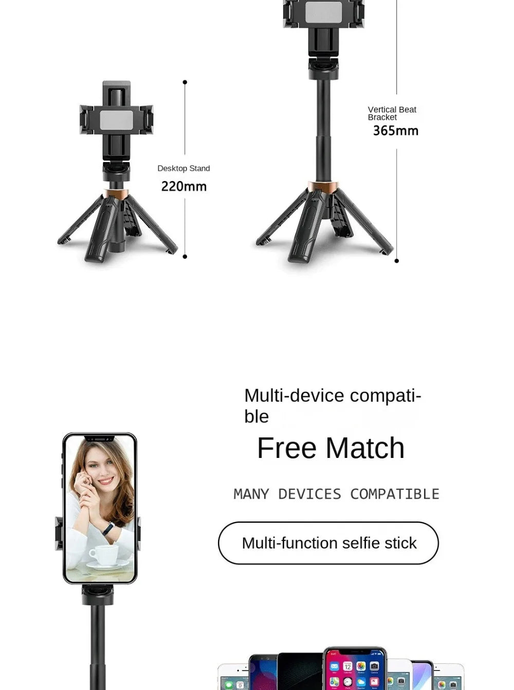 Multi-function selfie stick with stand dimensions and compatibility information on a white background