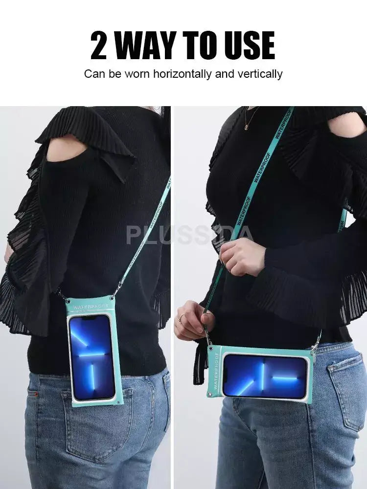 Two ways to use a waterproof phone holder with a person wearing it, shown horizontally and vertically