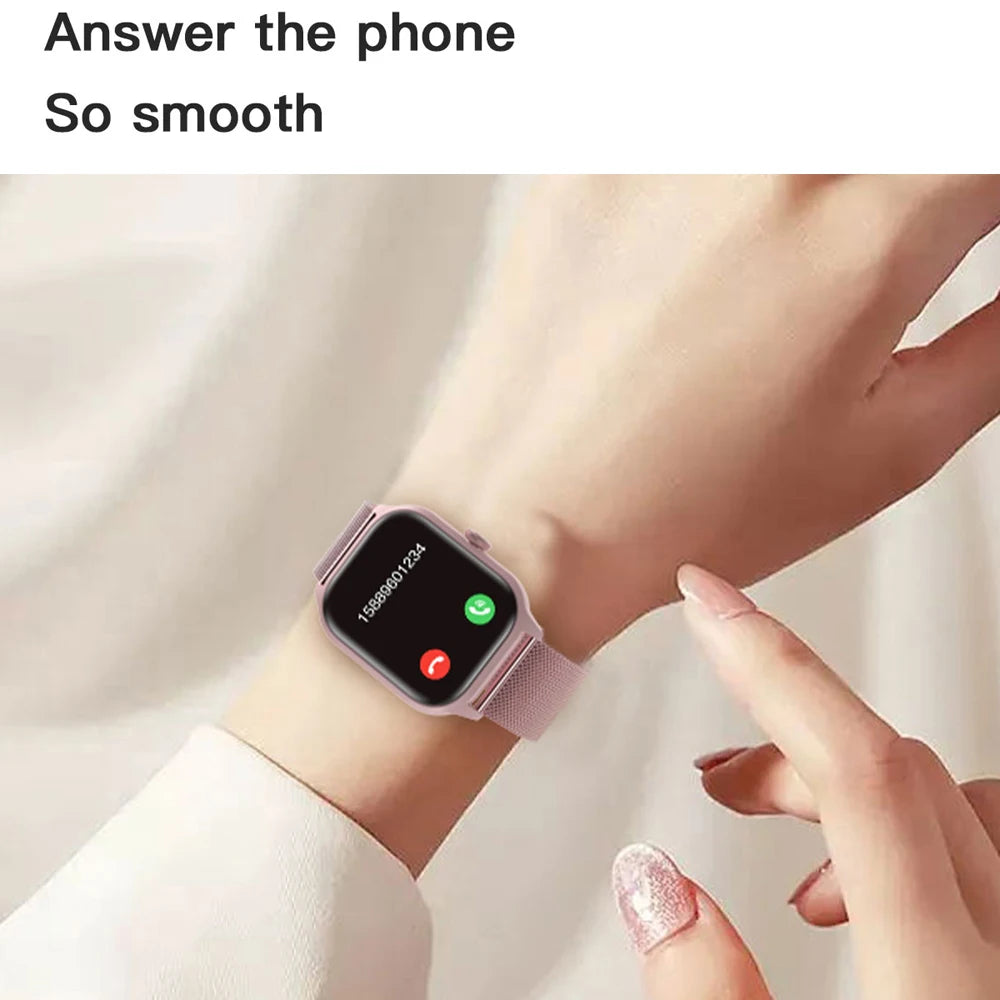 Smartwatch on a wrist with a hand interacting with it, on a plain background.