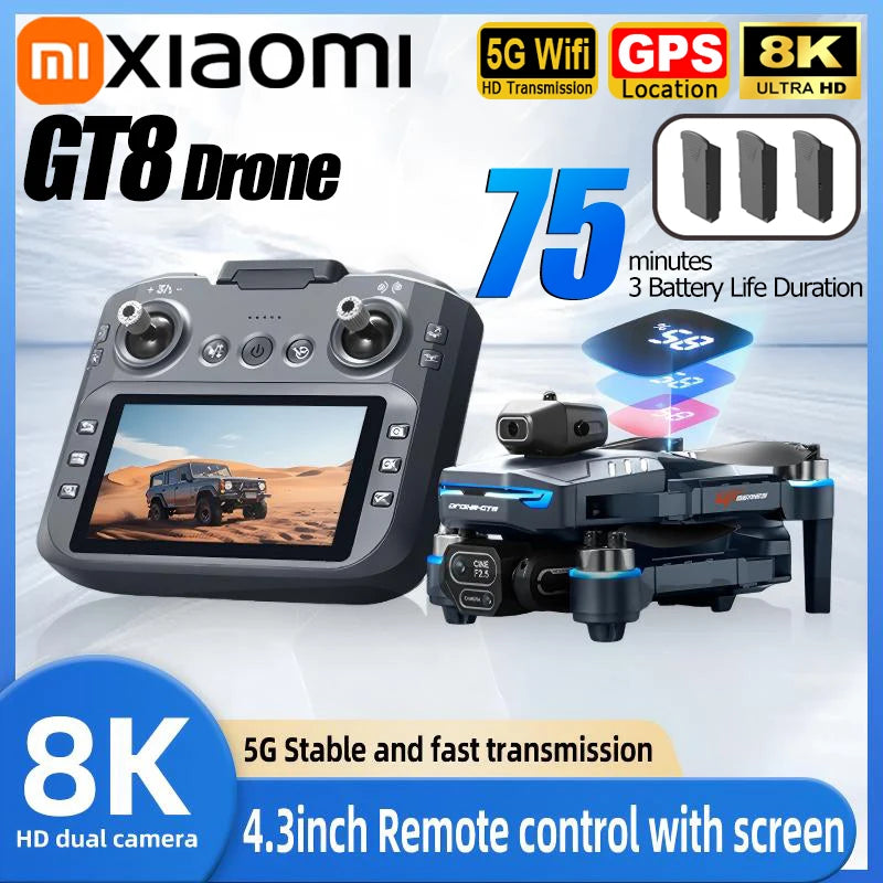Xiaomi GT8 Drone with remote control and key features highlighted on a blue background