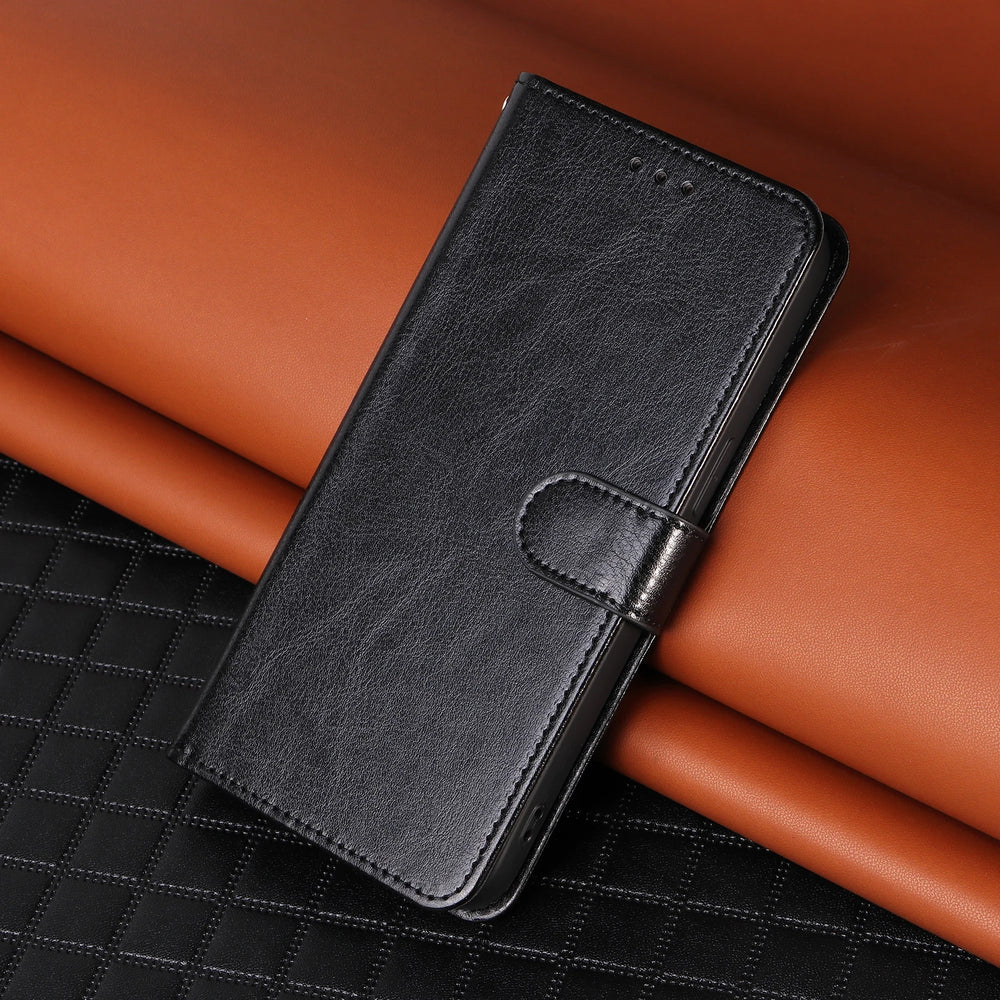 Black phone case on a textured brown surface