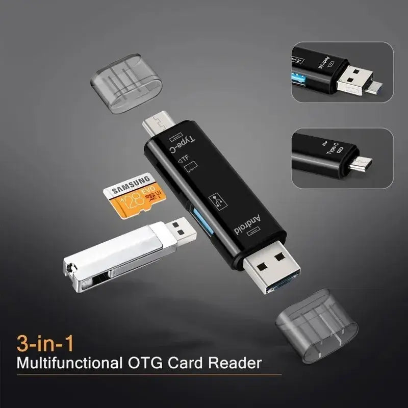 3-in-1 multifunctional OTG card reader with various connectors on a dark background