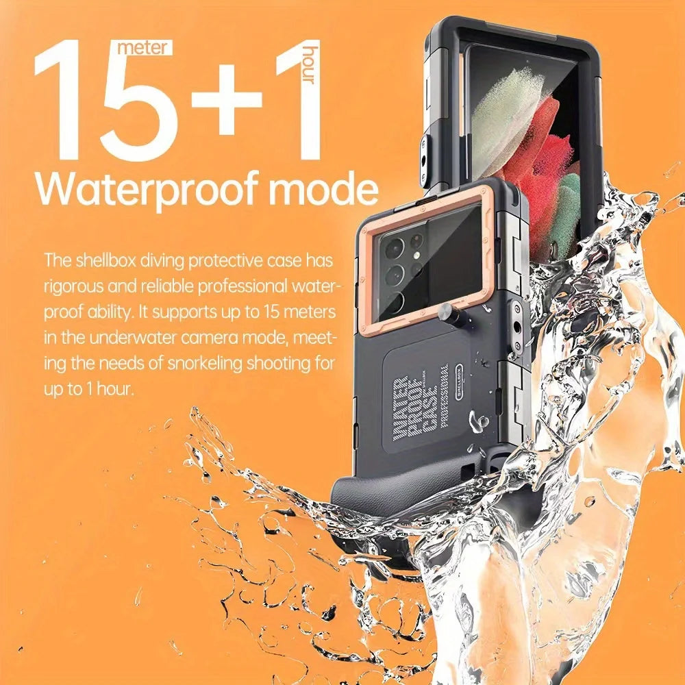 Phone case with waterproof feature on an orange background