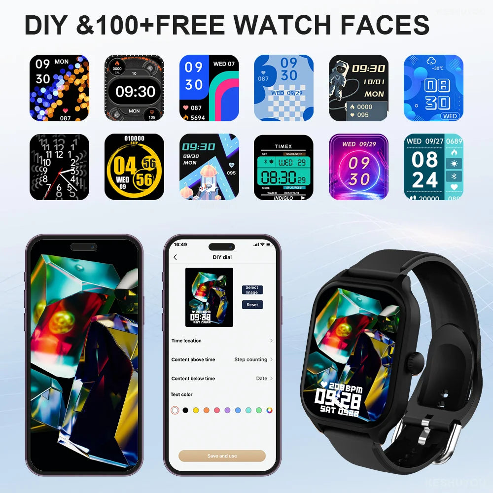 Smartwatch with app interface and various watch face designs on a light blue background