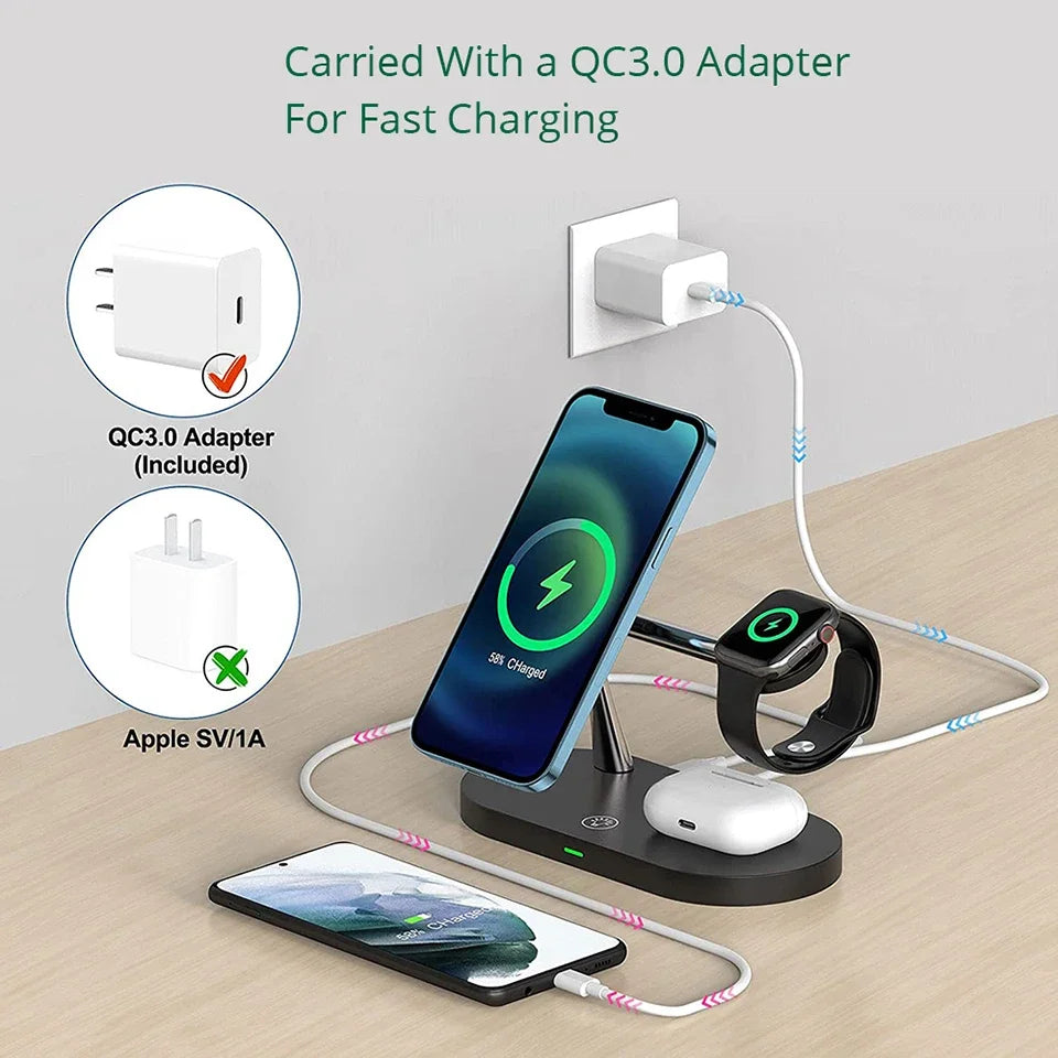 Multi-device charging station with QC3.0 adapter, phone, watch, and mouse on a wooden surface.