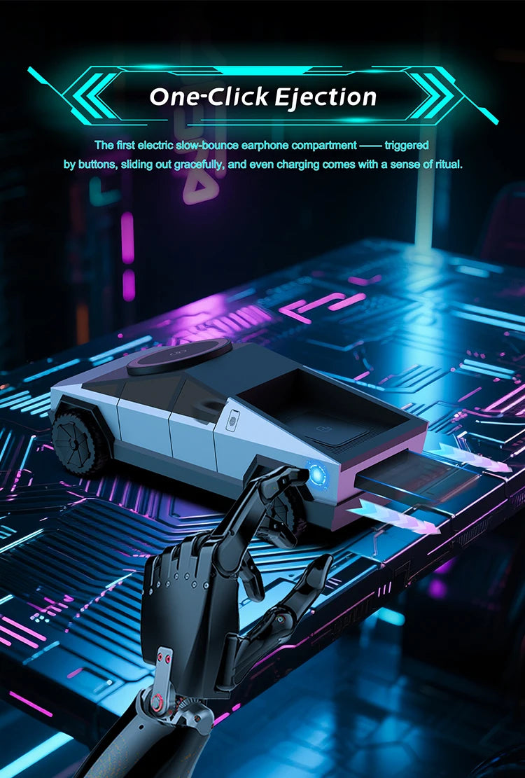 Futuristic electronic device with one-click ejection feature on a dark background