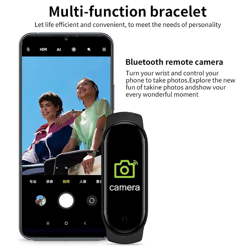 Black multi-function bracelet with smartphone app interface, showing Bluetooth remote camera feature.