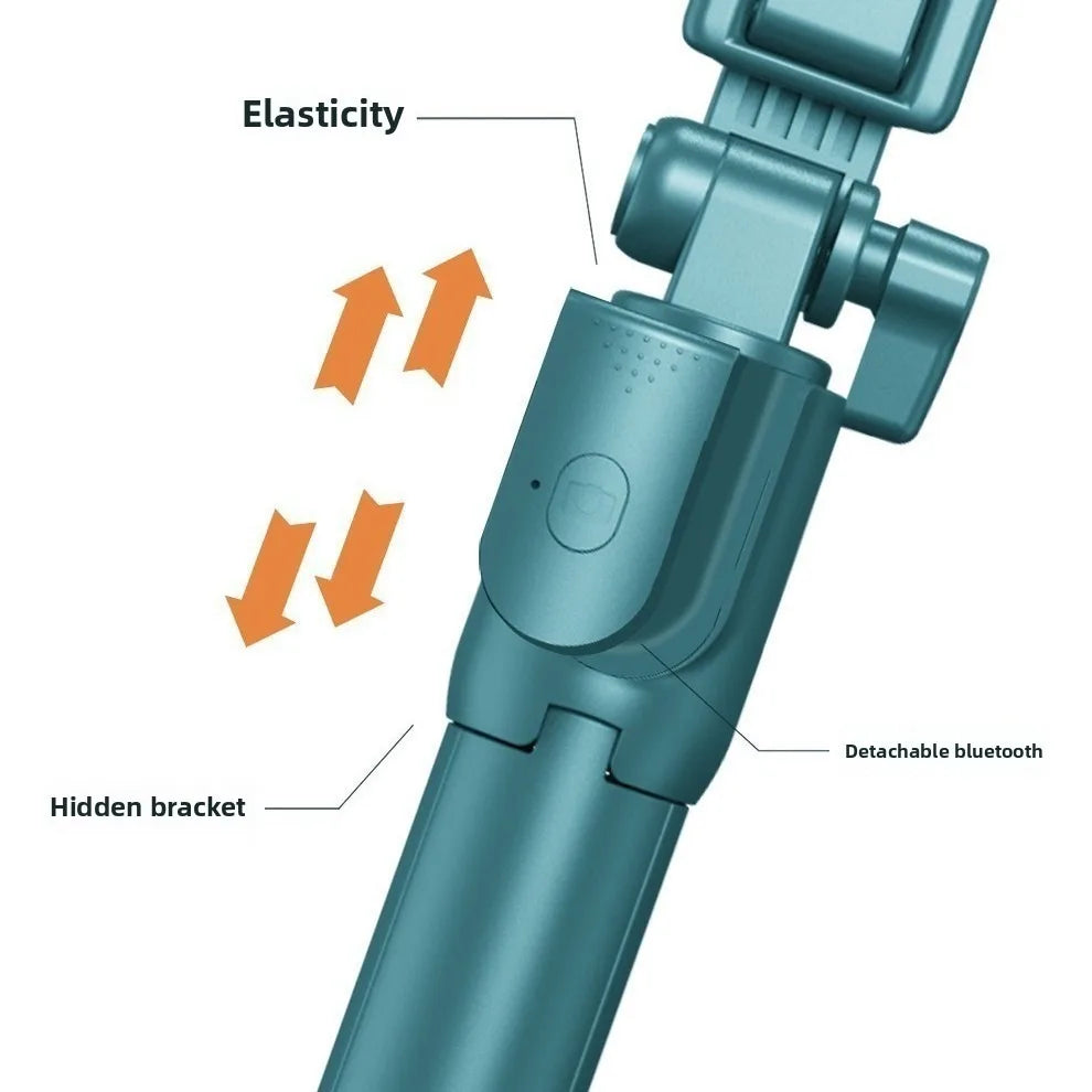 Teal selfie stick with labeled features on a white background