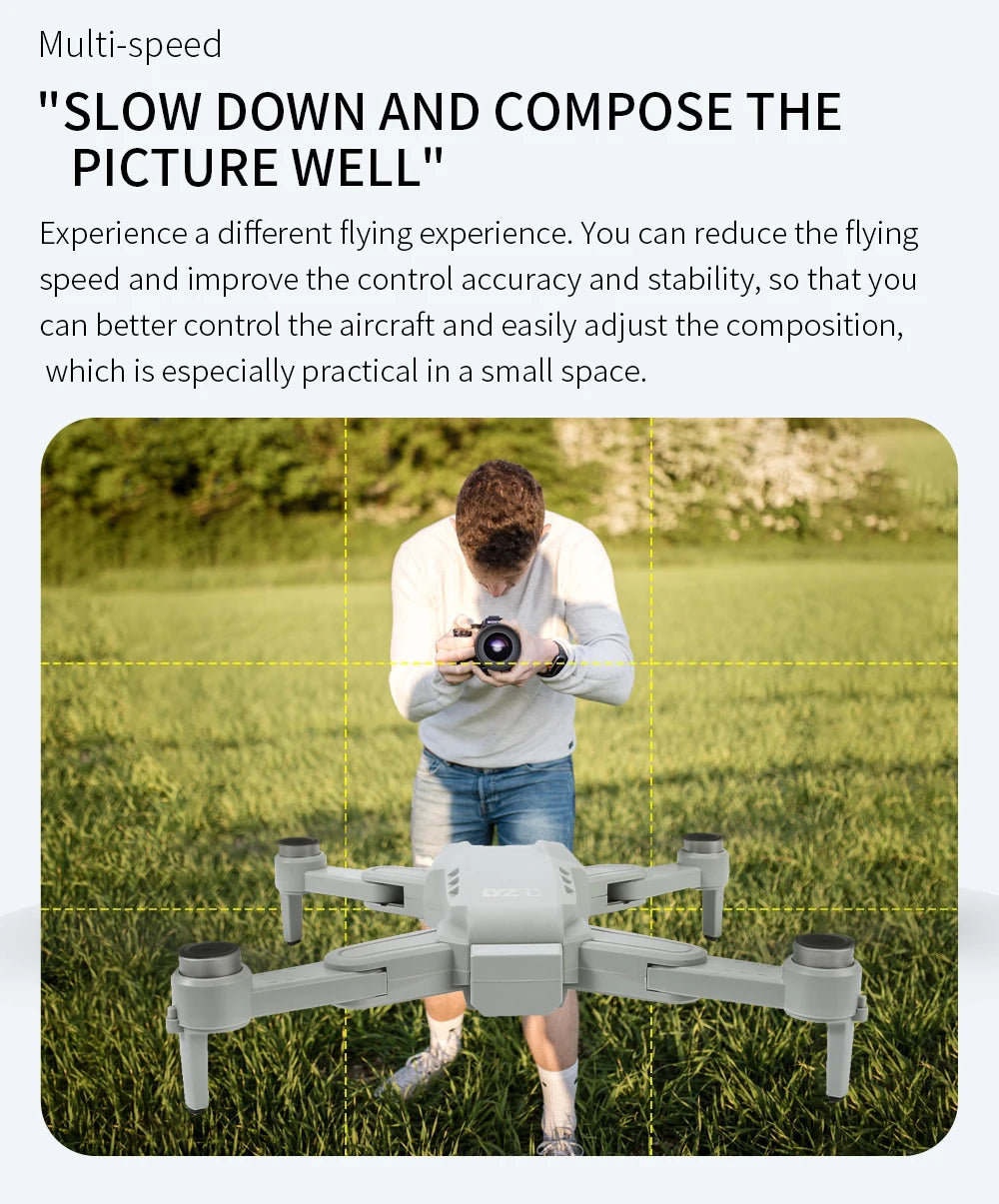 Person holding a camera with text about multi-speed drone operation in a field