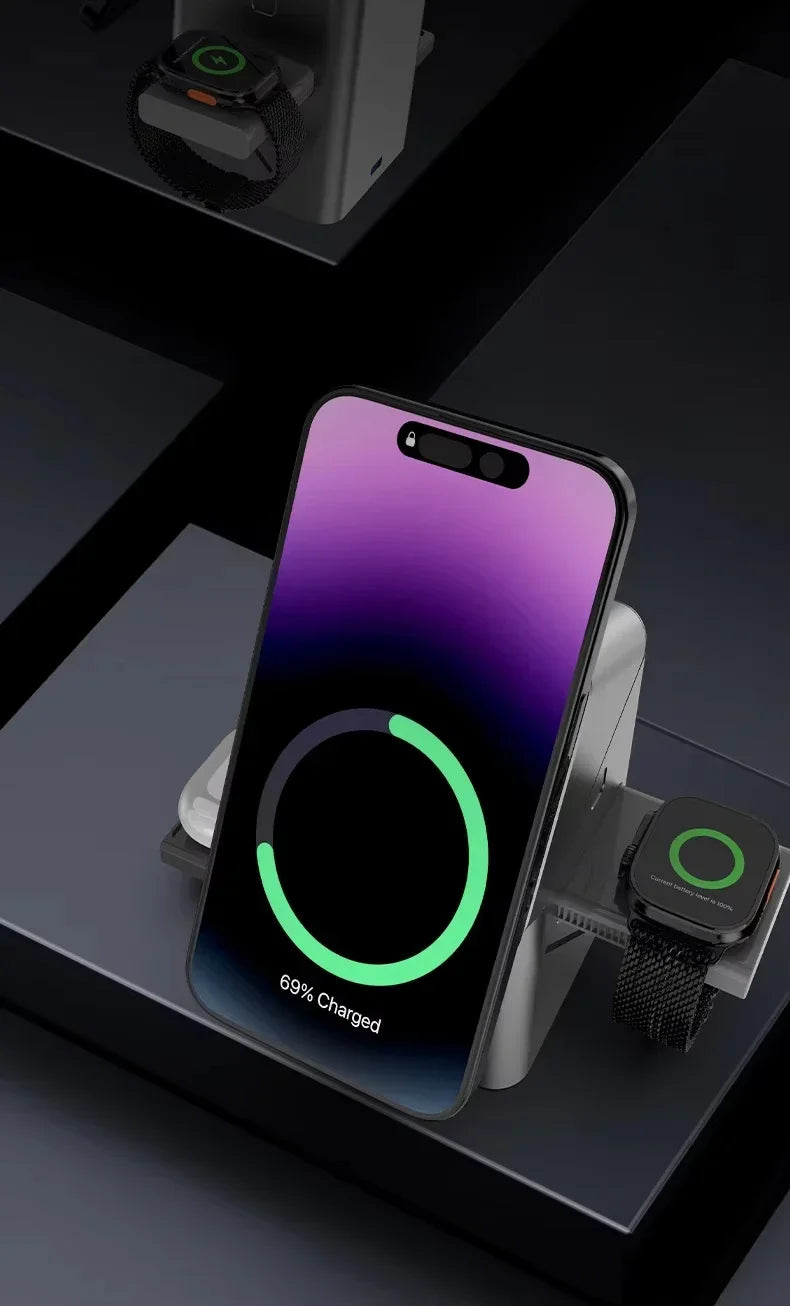 Smartphone and smartwatch on a wireless charging stand with a dark background