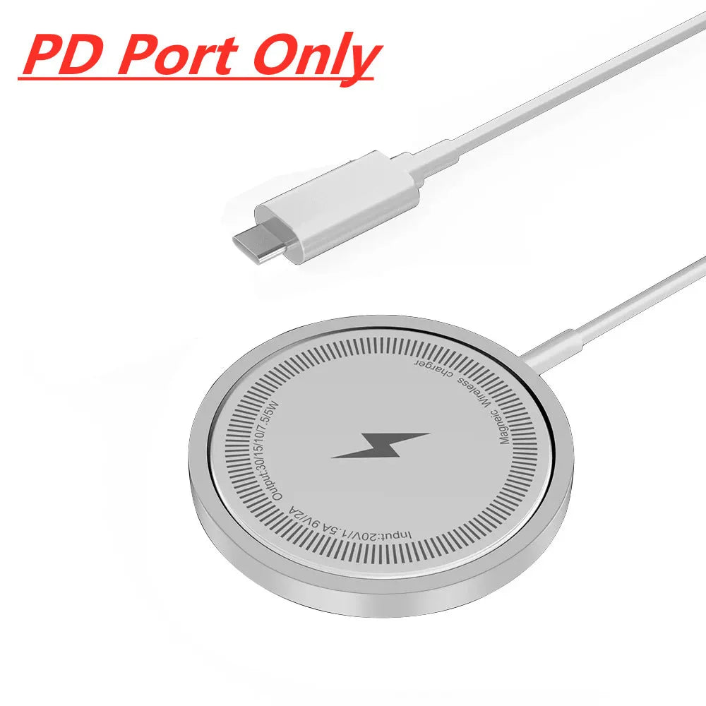PD port only magnetic wireless charging pad with slim silver round design.