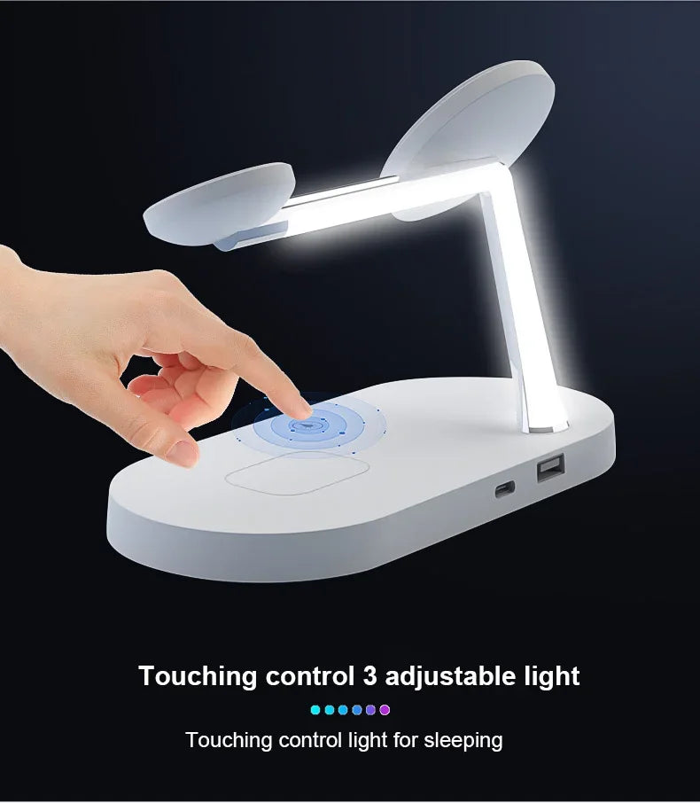 Desk lamp with touch control feature on a black background