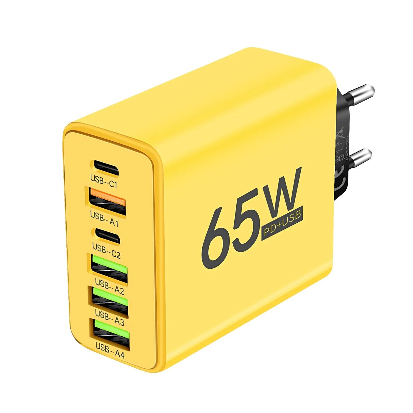 Yellow power adapter with multiple USB ports on a white background