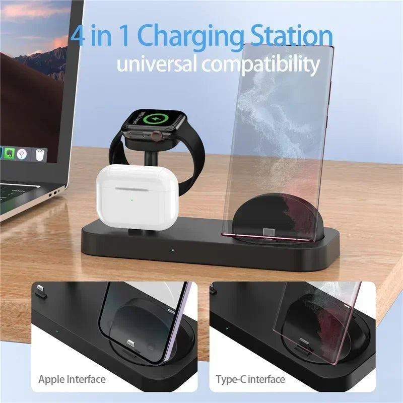 4-in-1 charging station with laptop, smartwatch, and phone on a wooden surface.