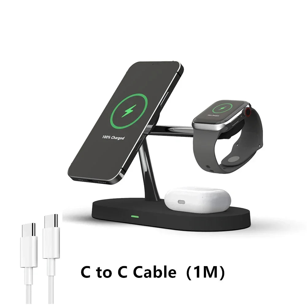 Wireless charging stand with phone, watch, and airpods on a white background