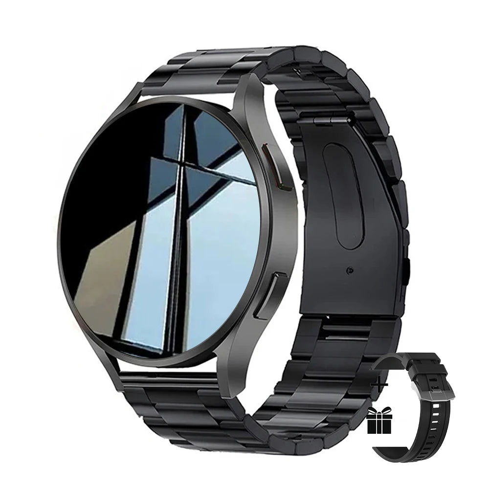 Black smartwatch with metal band on a white background