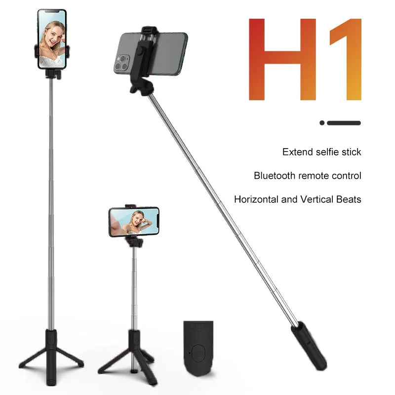 Extendable selfie stick with Bluetooth remote control on a white background