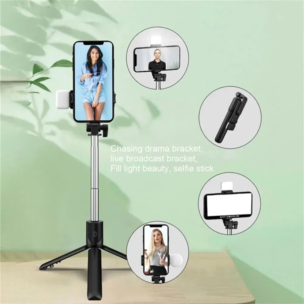 Phone holder with tripod and light on a green background
