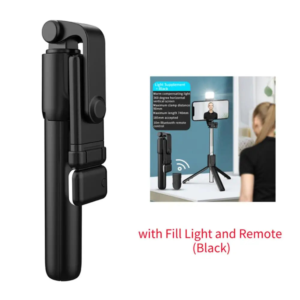 Black selfie stick with fill light and remote on a white background