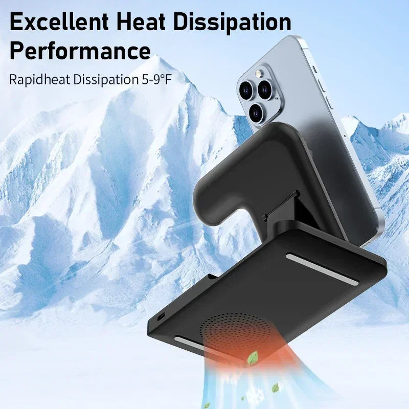 Phone case with heat dissipation feature against a snowy mountain background