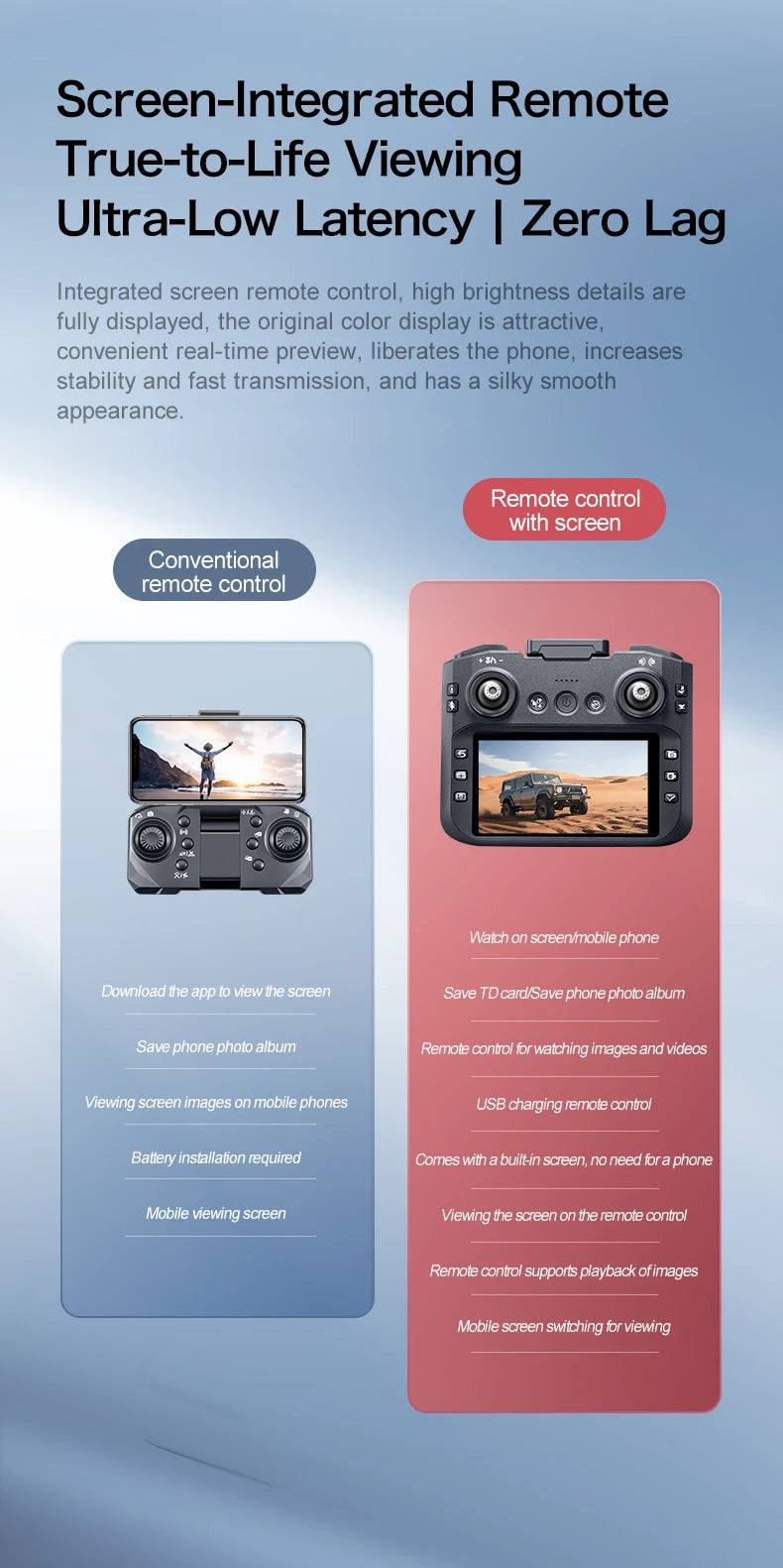 Comparison of conventional remote control and remote control with screen on a blue background