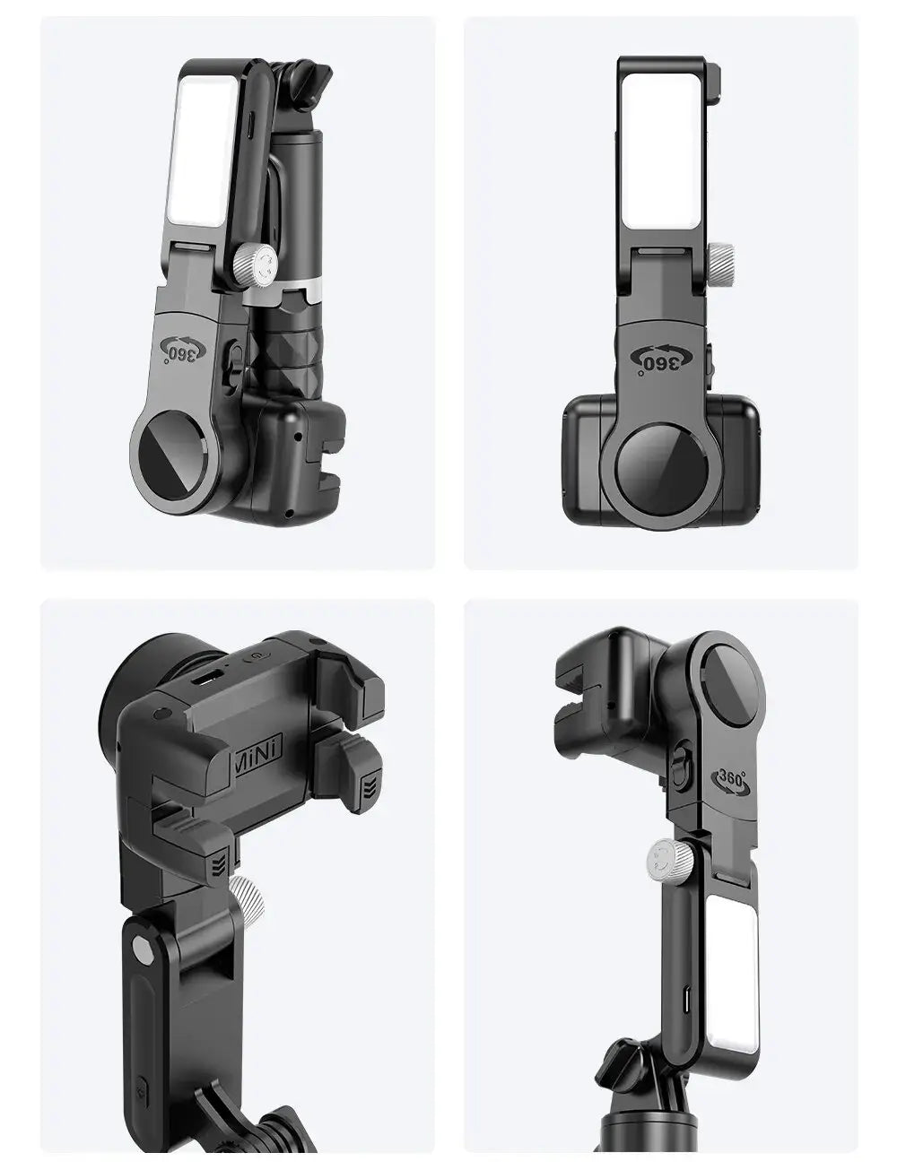 Four views of a black adjustable phone mount on a white background