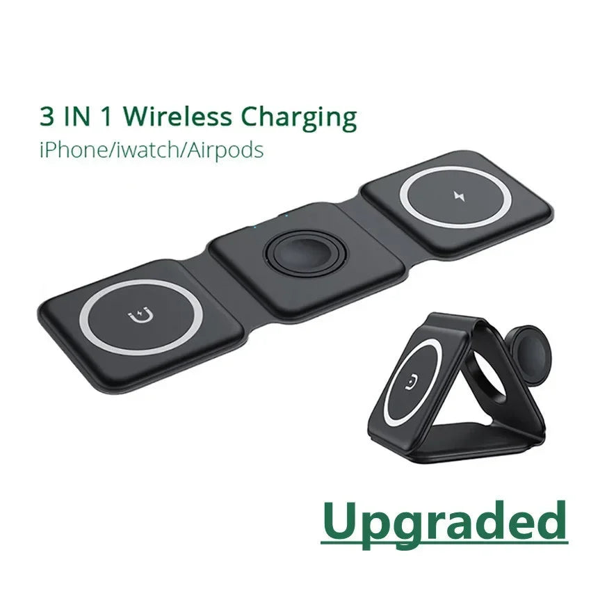 3-in-1 wireless charging device for iPhone, iWatch, and Airpods on a white background.