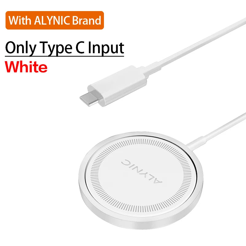 White ALYNIC brand magnetic wireless charging pad with slim round design and Type-C input only.
