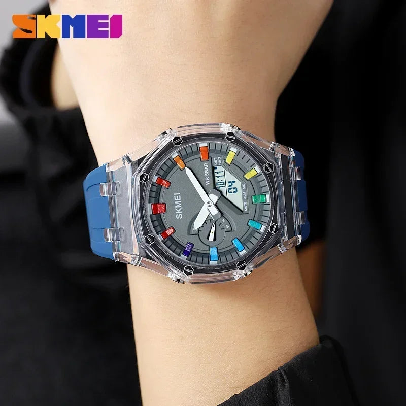 SKMEI men analog-digital wristwatch with transparent case, blue silicone strap, and colorful dial markers