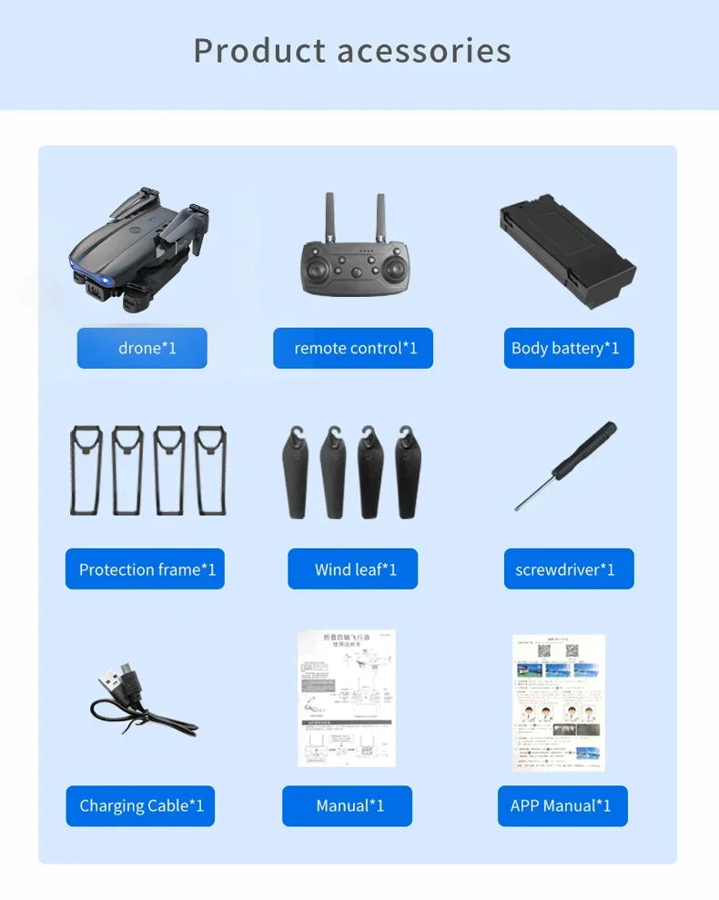 List of product accessories including a drone, remote control, body battery, protection frame, wind leaf, screwdriver, charging cable, manual, and app manual on a light blue background.