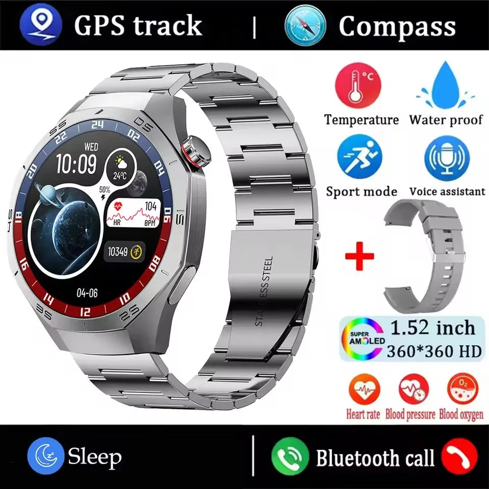 Smartwatch with metal band and various features highlighted on a white background