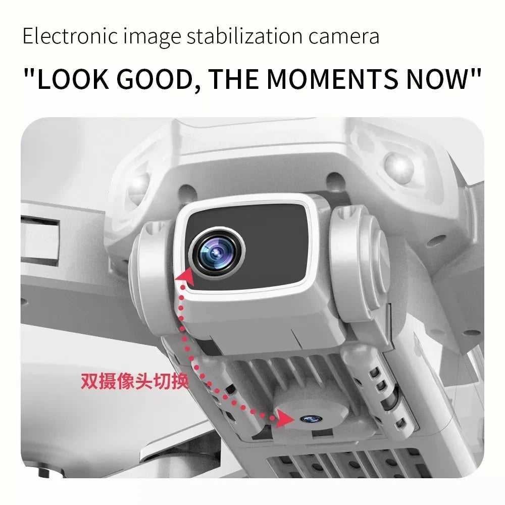 Camera with electronic image stabilization feature and text 'Look Good, The Moments Now'.