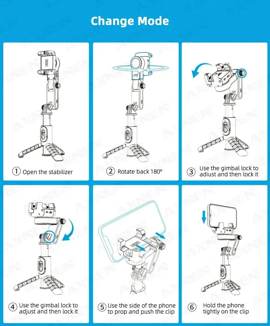 Step-by-step guide on how to use a gimbal stabilizer with illustrations.
