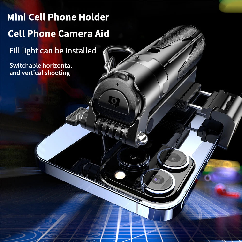Mini cell phone holder with camera aid on a dark background