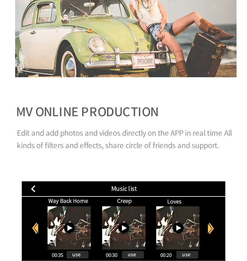 Vintage car with a person sitting on it, featuring MV Online Production app interface.