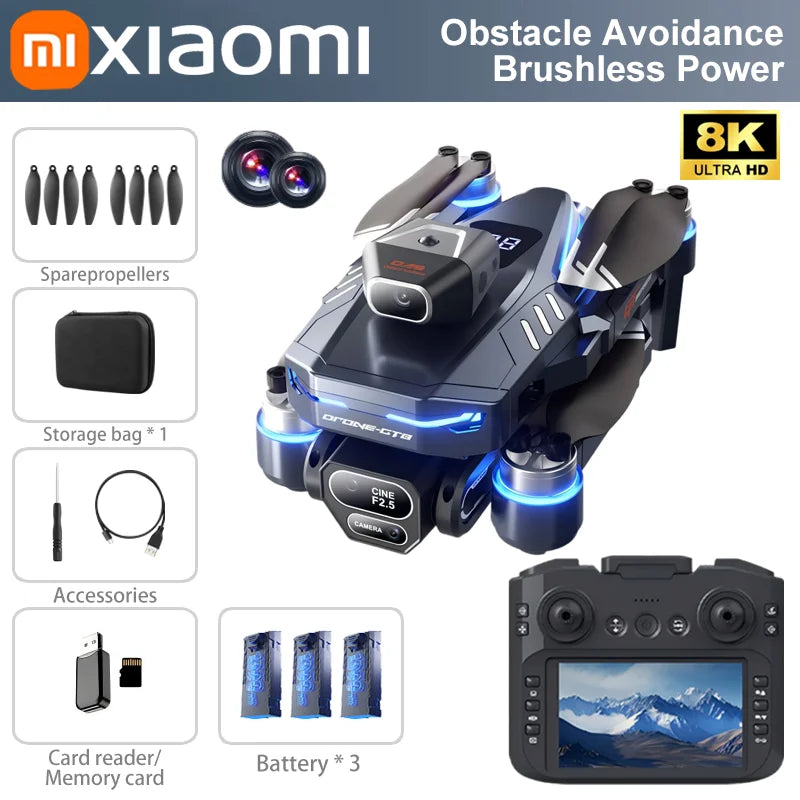 Xiaomi drone with accessories and remote control on a white background