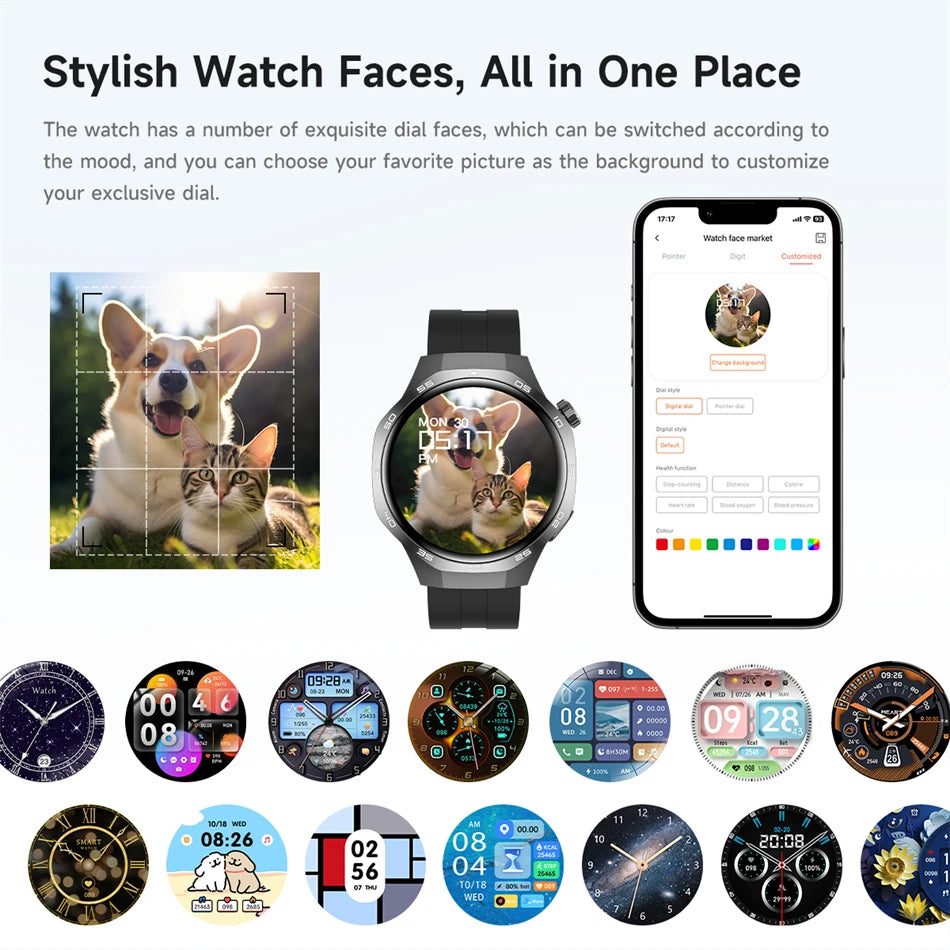 Smartwatch with customizable watch faces displayed on a screen, featuring a dog and cat image.