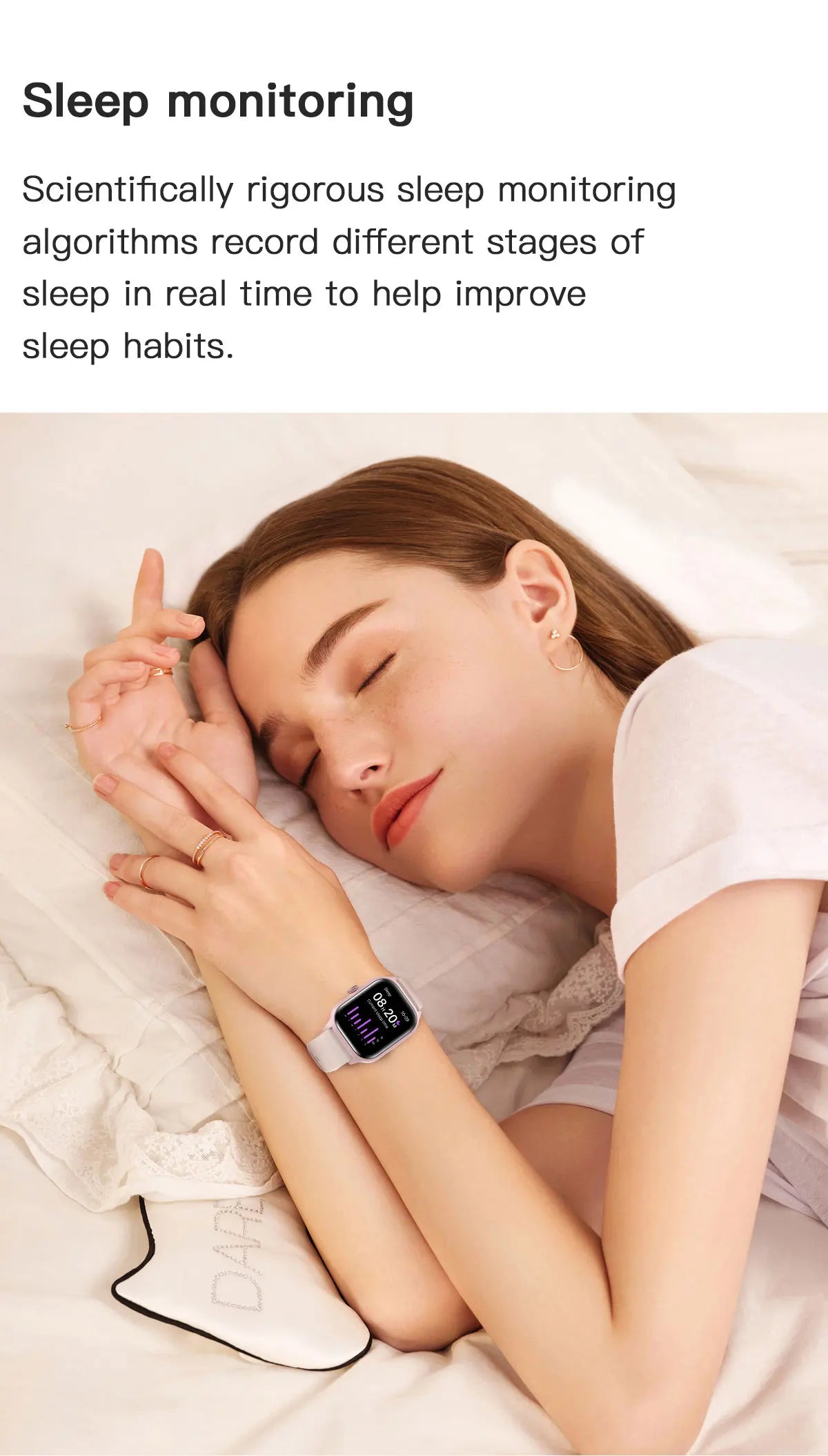 Woman sleeping with a smartwatch on her wrist, accompanied by text about sleep monitoring.