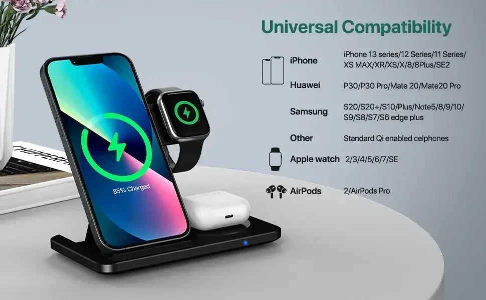 Wireless charging station with smartphone, smartwatch, and wireless earbuds on a light gray surface.