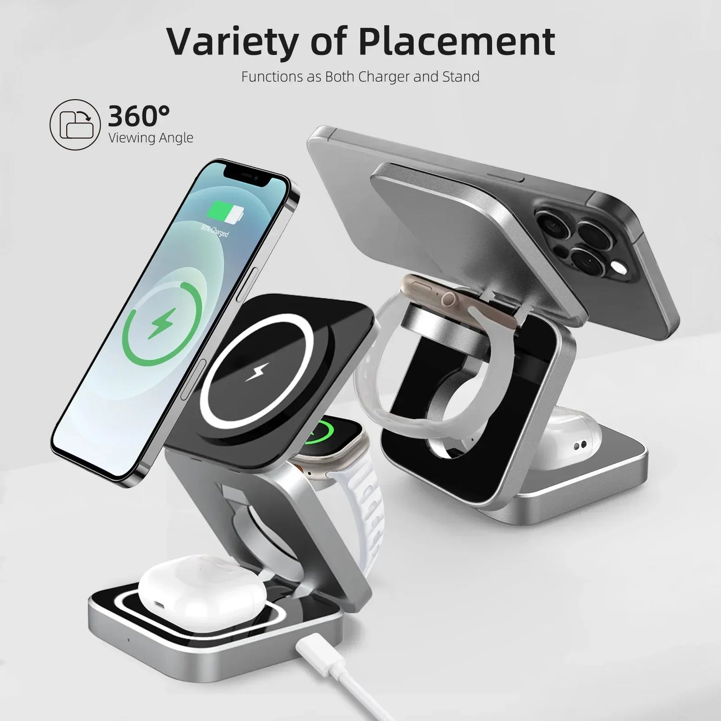 Multi-device charging stand with smartphone, watch, and earbuds on a white background