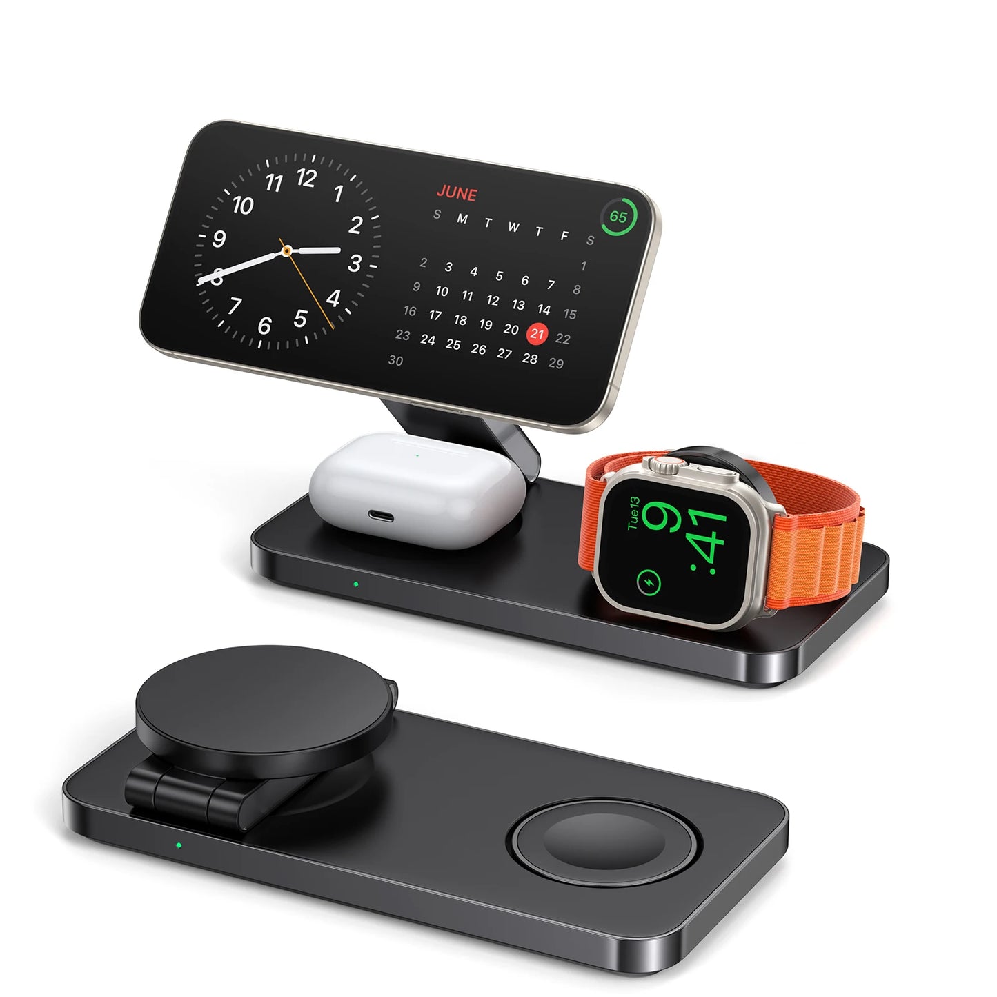 Multi-device charging stand with smartphone, AirPods, and smartwatch on a white background