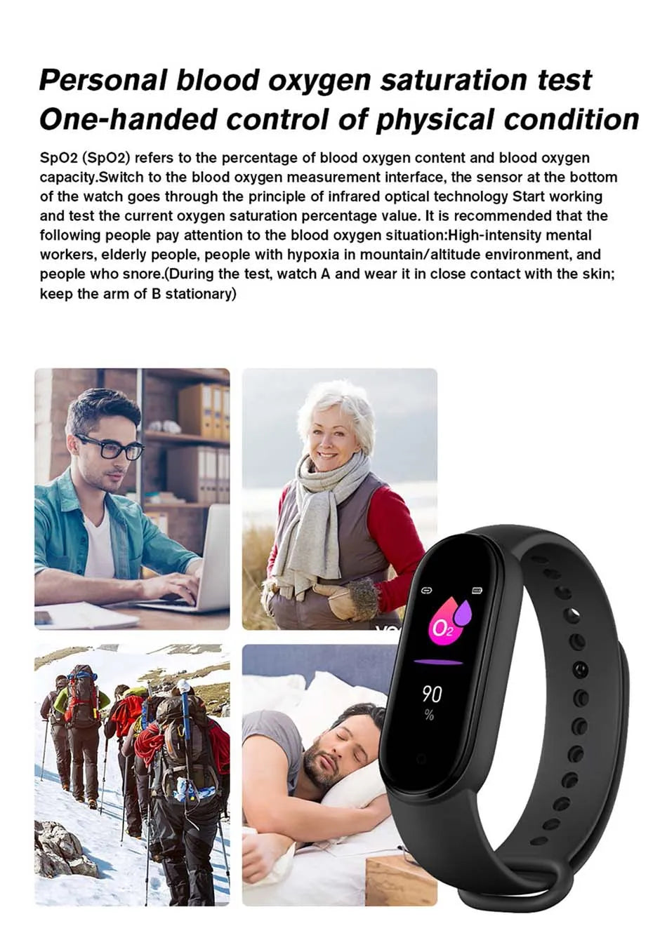 Black smartwatch with digital display on a white background, surrounded by lifestyle images of people in various settings.