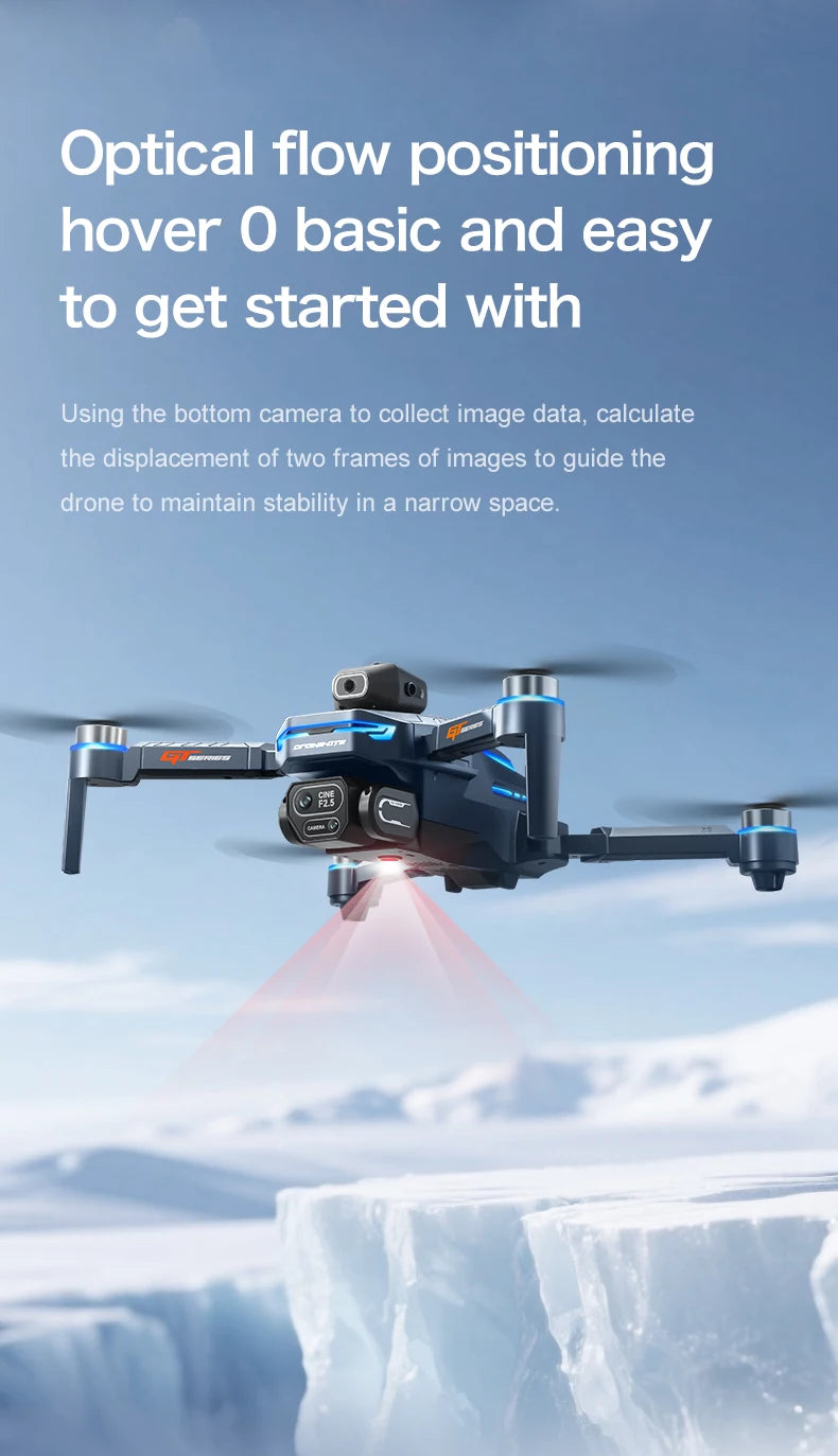 Drone hovering over a snowy landscape with text about optical flow positioning.
