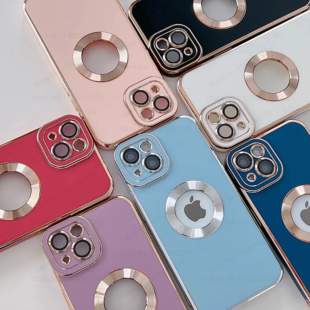 Collection of colorful smartphones with camera modules and Apple logo on a light gray background