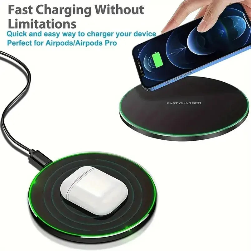 30W fast wireless charging pad charging iPhone and AirPods Pro with glowing green LED ring.