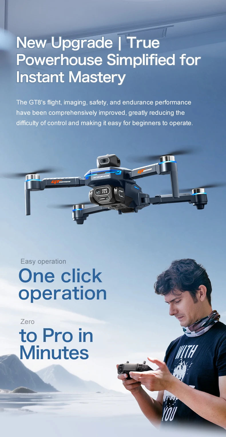 Drone with user and promotional text on a blue background